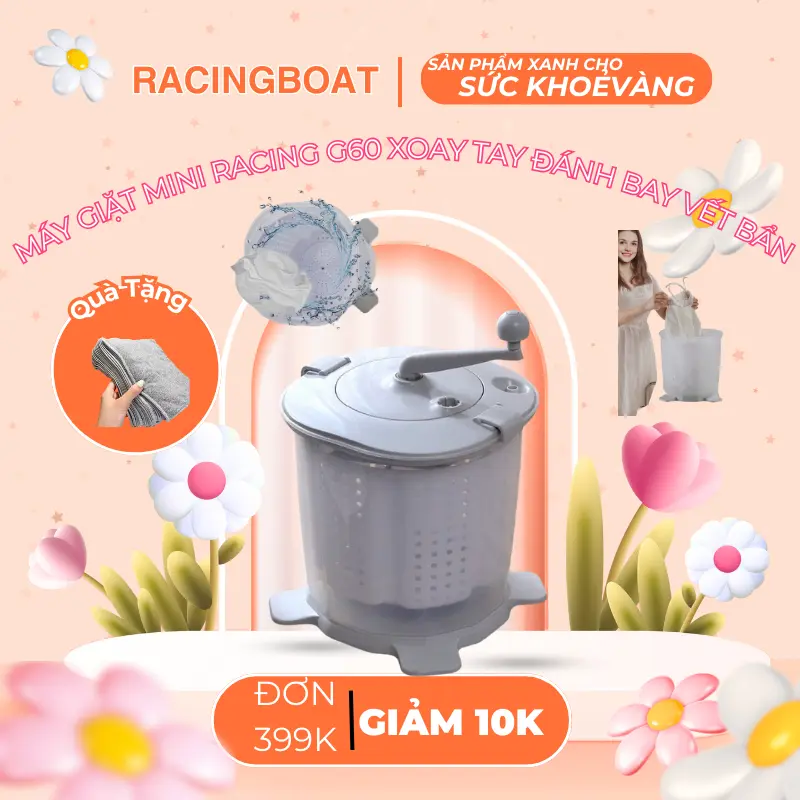 freeship-Máy giặt mini RACING G60 xoay tay đánh bay vết bẩn dùng cho KTX nhà trọ, máy giặt vắt quần áo bằng tay
