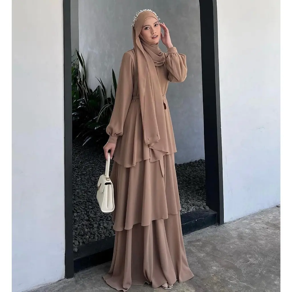 Nadira Dress wanita kekinian bahan ceruty babydoll full furing busui friendly Allsize free pashmina