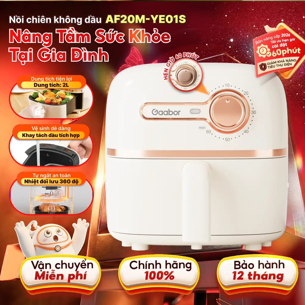 Nồi chiên không dầu Gaabor AF20M-YE01S dung tích 2l công suất 900w nóng nhanh nhỏ gọn xịn xò nấu ăn dùng cho 1 người cooker nướng lò nướng air fryer đa năng bao deal ngan h hang