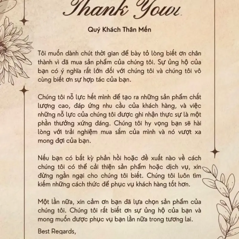 Thư tri ân kèm phiếu bảo hành gia dụng, thiết bị đồ dùng nhà bếp