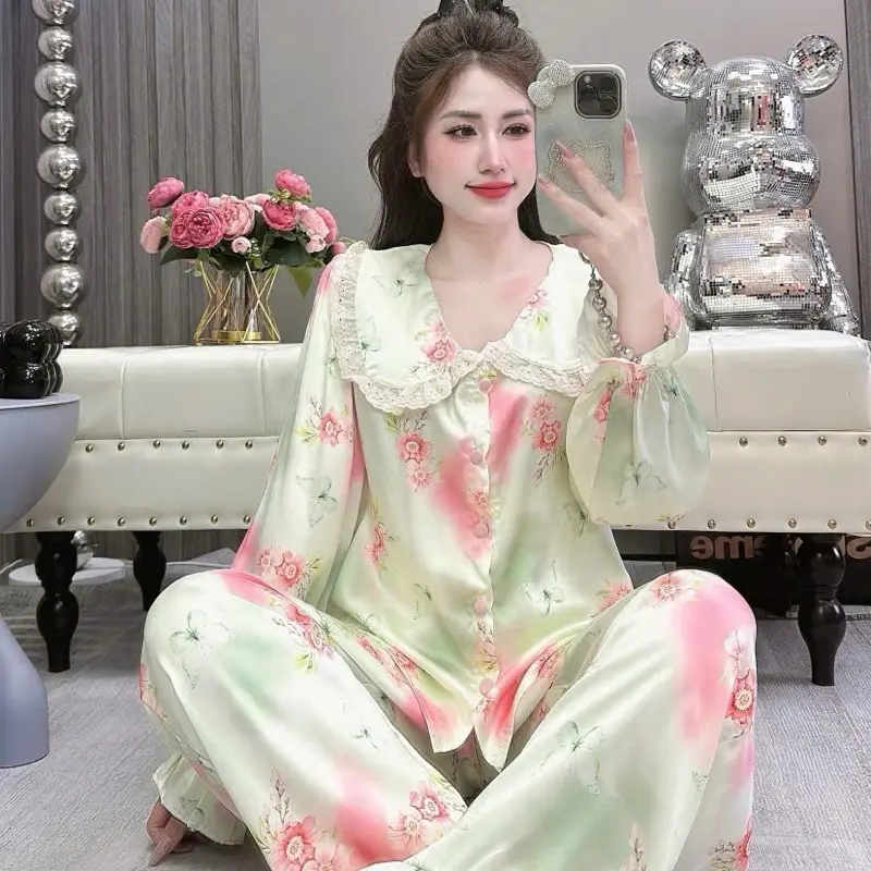 Đồ bộ pijama lụa tơ tầm cổ sen viền ren tiểu thư xinh xắn Women Nữ Kim Tuyến Áo Ngủ Nhung Sen Voi Nho Đỏ