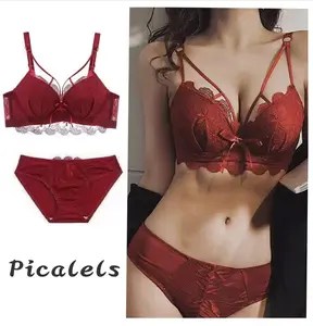 Picalela Set Bra & Celana Wanita Muda Tanpa Kawat Renda Sulam Push Up Tulle Cup 3/4 Model Segitiga Fashion Korea