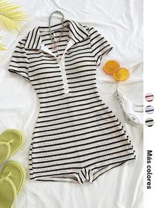 Mono corto tipo polo de punto a rayas para mujer, verano, ajustado, casual para vacaciones (1 pieza)