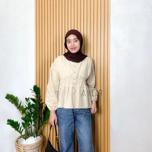 Zalerie Kemeja Kerut Depan Linen Atasan Wanita Lengan Panjang