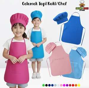 Setelan Chef Celemek & Topi Koki Anak Umur 3-12 tahun - Apron Masak Kids High Quality - Paket Kostum Chef Saung Koki