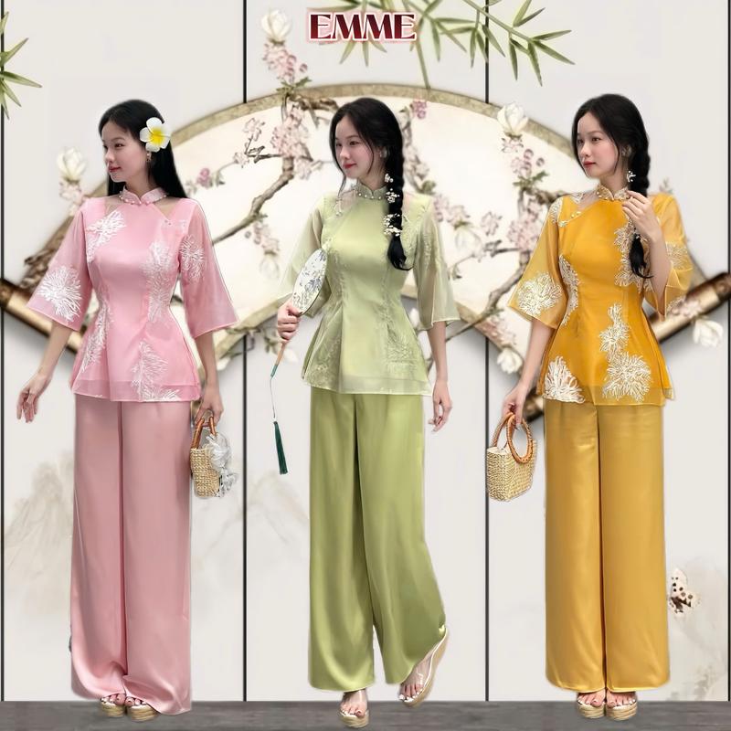 Set Bà Ba Nữ Thiết Kế EMME T1729 Voan Thêu Hoa Đính Ngọc Tay Lửng Phối Quần Lụa Dáng Dài Top Women Hồng Áo Nhung - Thanh Tự