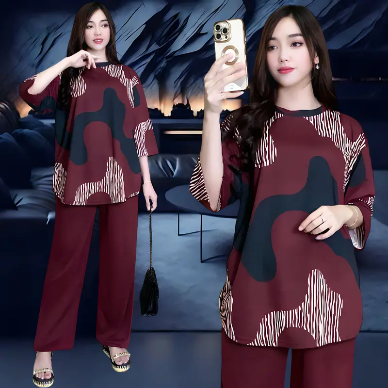 TELSA SETELAN WANITA LD 120 & LD 130 CELANA LURUS DAN ATASAN OVAL BELAHAN KIRI DAN KANAN OVERSIZE WANITA celana lurus karet kantor kaos santai Motif 1