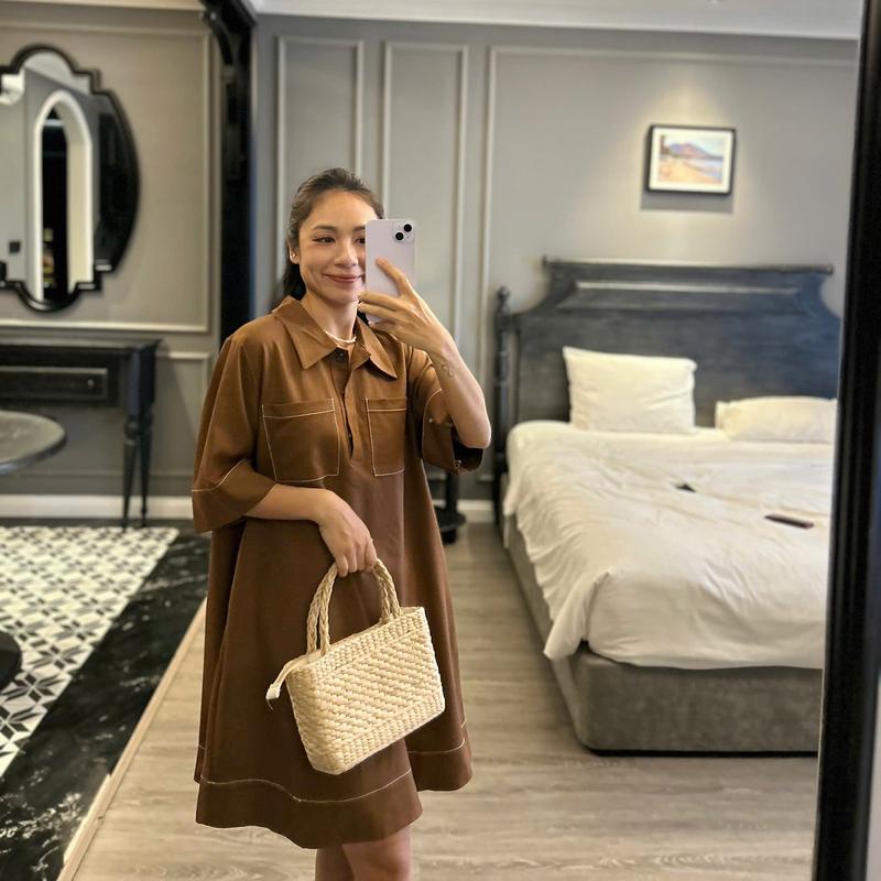  D154 ĐẦM SƠMI TAY NGẮN PHOM LỠ CHẤT LIỆU JEAN HÀN FREESIZE 