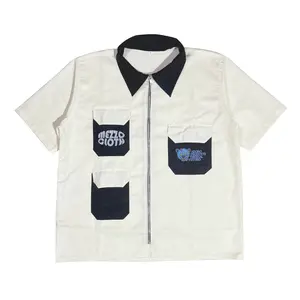 MEZZO RISE IN ART Workshirt "Workhard" - Work Shirt Zipper - Putih Kerah Hitam