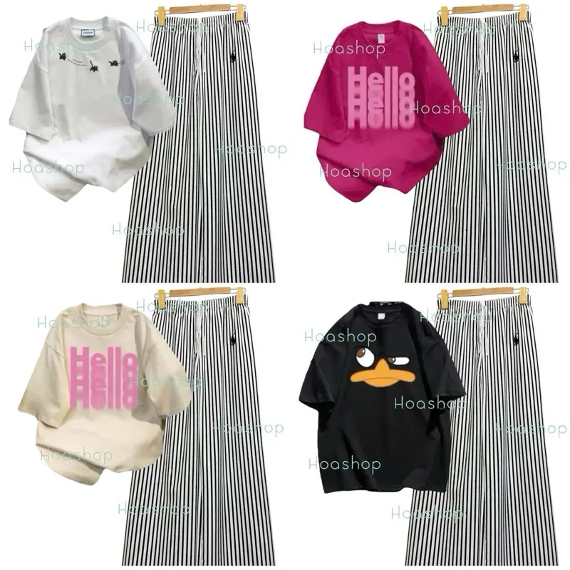 ￼Set bộ áo thun cotton form rộng mix quần xuông kẻ dọc thêu ngựa hot women 0