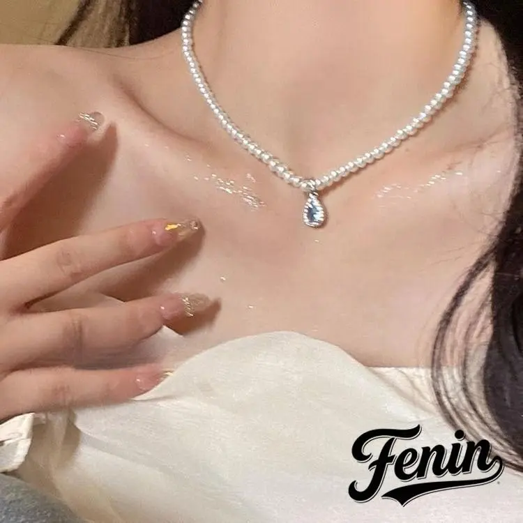[Fenin] Kalung batu hao biru tetesan air mutiara rantai tipis mewah ringan perhiasan indah dengan suasana kencan Y1263