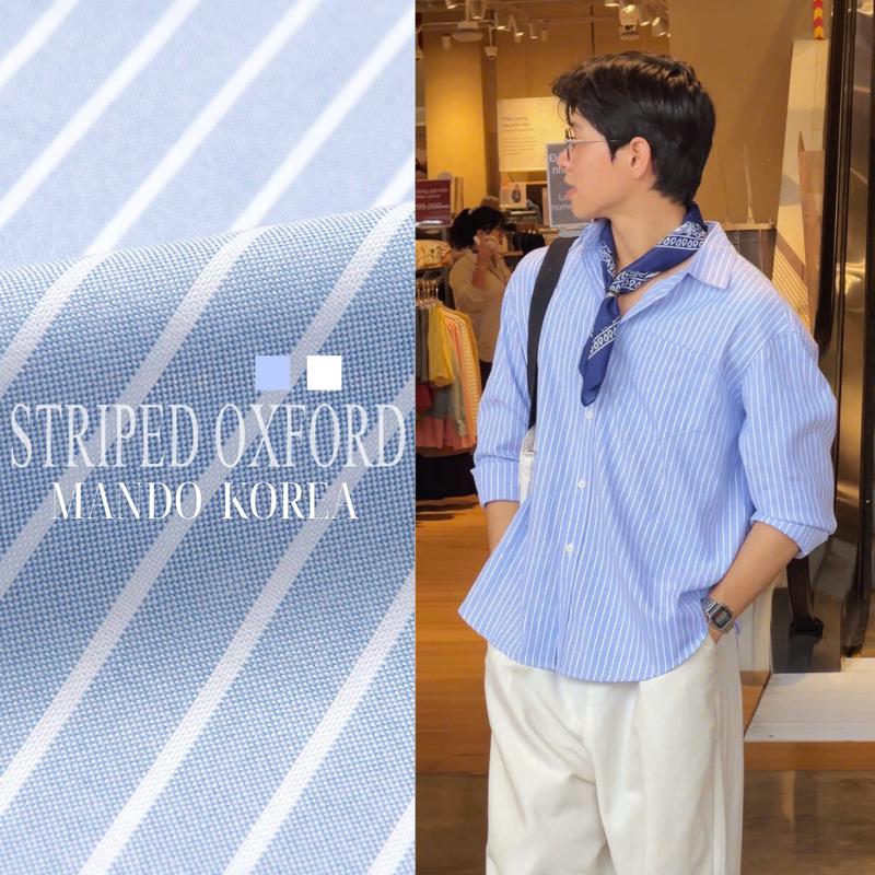  Áo Sơ Mi MANDO Kẻ Xanh Phối Trắng Dài Tay Chất Liệu Oxford Dày Dặn Form Rộng Unisex Style Phong Cách Hàn Quốc SHT048 