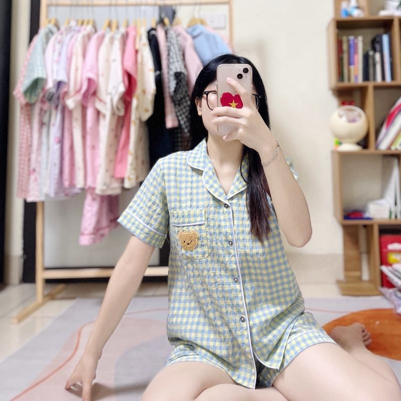 Bộ đồ ngủ mặc nhà Pijama nữ cộc đùi, chất đũi nhăn kẻ caro mềm mại thoáng mát