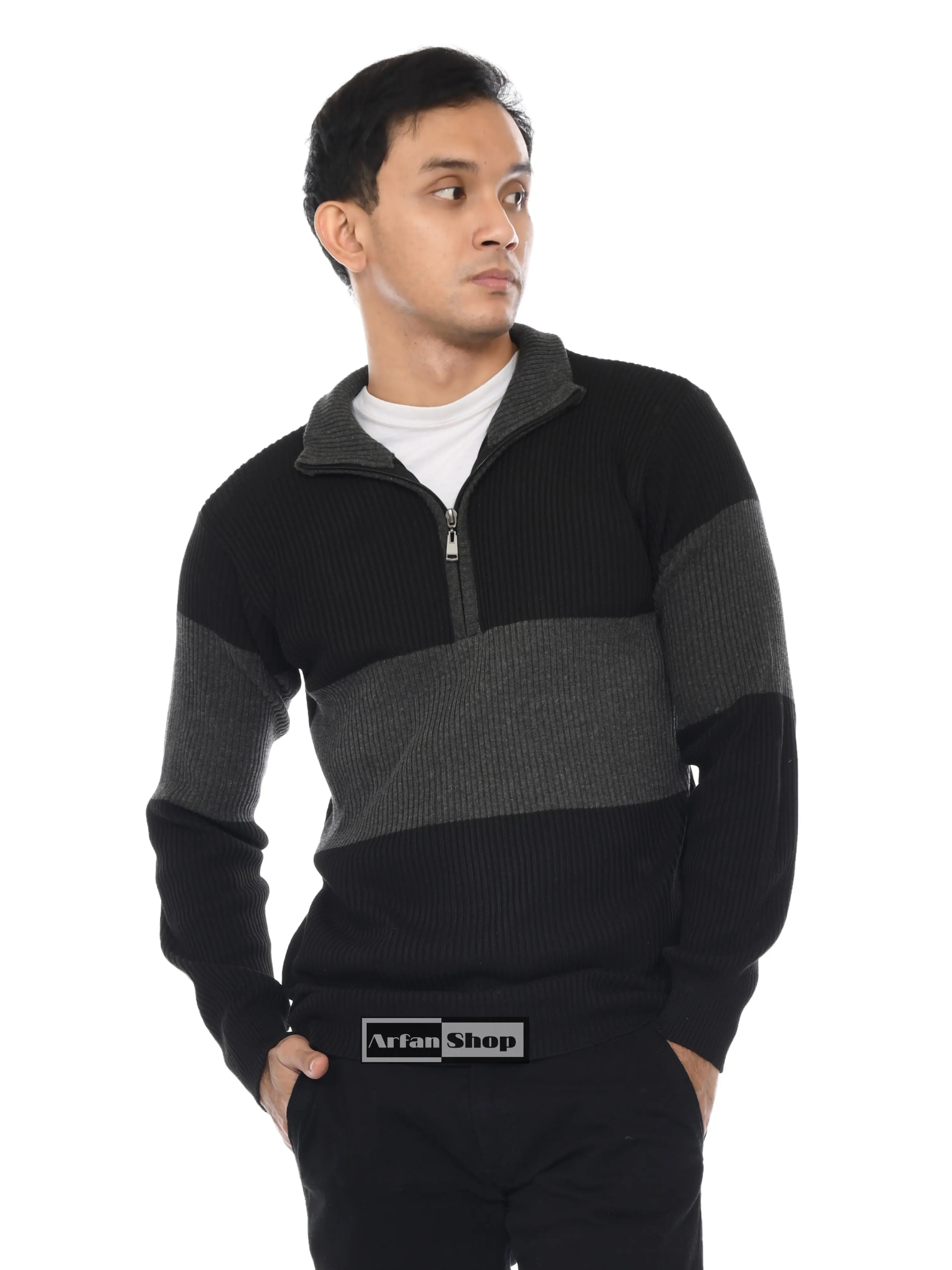 Sweater Rajut Resleting Dada Pria Turtleneck | Switer Half Zipper Leher Tinggi Tebal Knitwear Hitam
