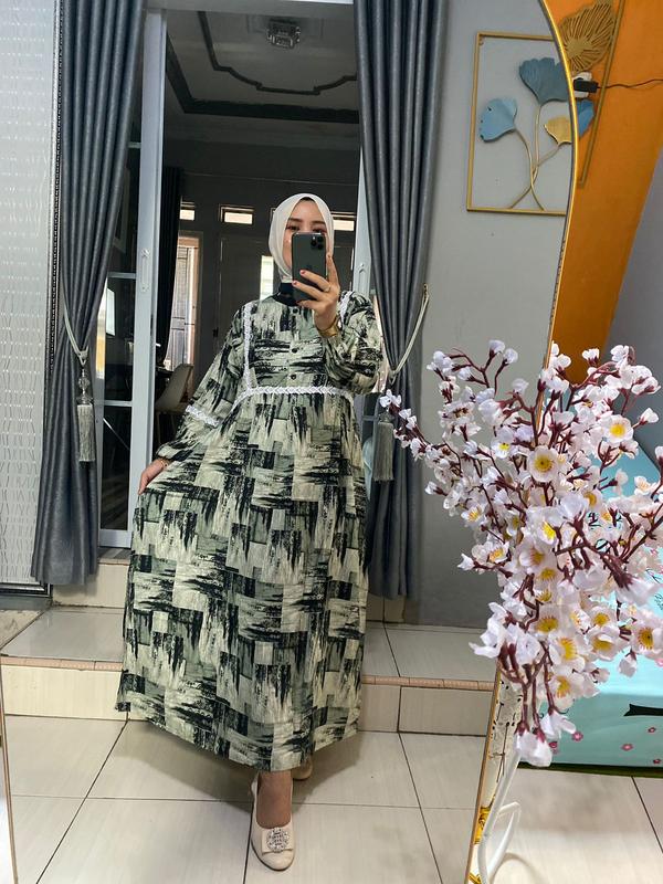 TRIZI COLLECTION - MIDI DRES RAYON VISCOSE MOTIF ABSTRAK MIX RENDA TERBARU TAHUN 2024/DRES WANITA KEKINIAN Muslim Nyaman Kancing Panjang Balon Karet 1