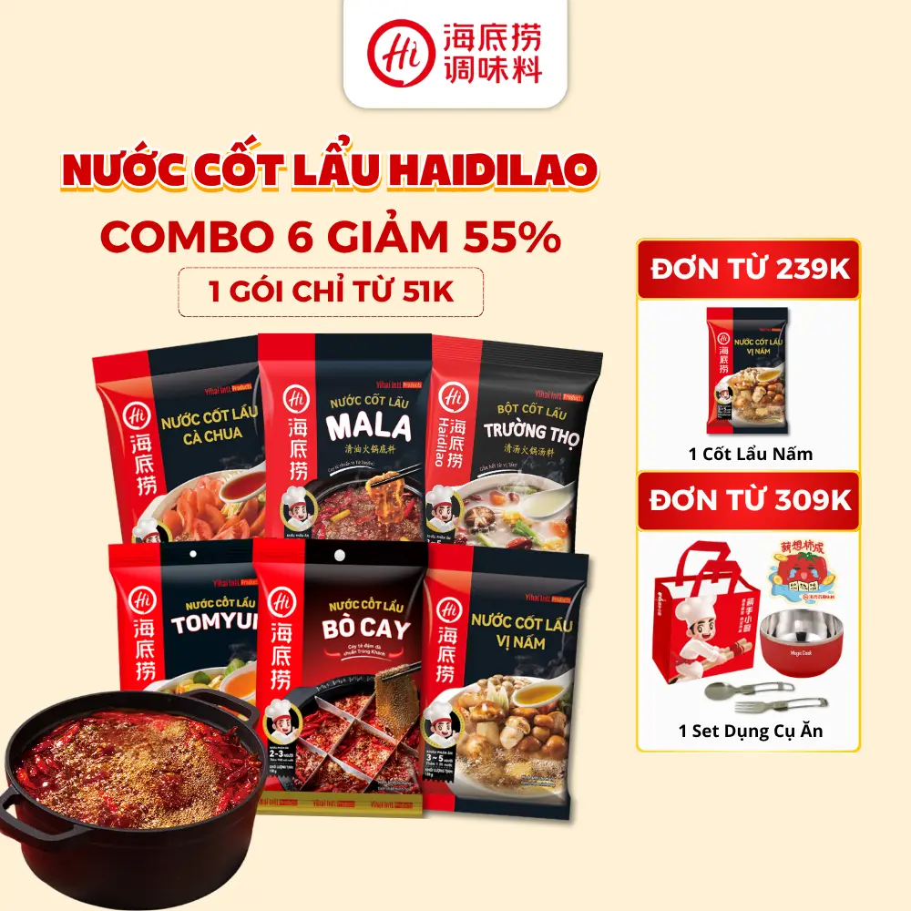 [HAIDILAO] Nước cốt lẩu Haidilao Vị Tomyum/Mala/Bò Cay/Cà chua/Nấm/Trường thọ chính hãng | Gia vị tự nấu lẩu tại nhà chuẩn vị nhà hàng, tiện lợi dễ dùng | Gói 110-200g