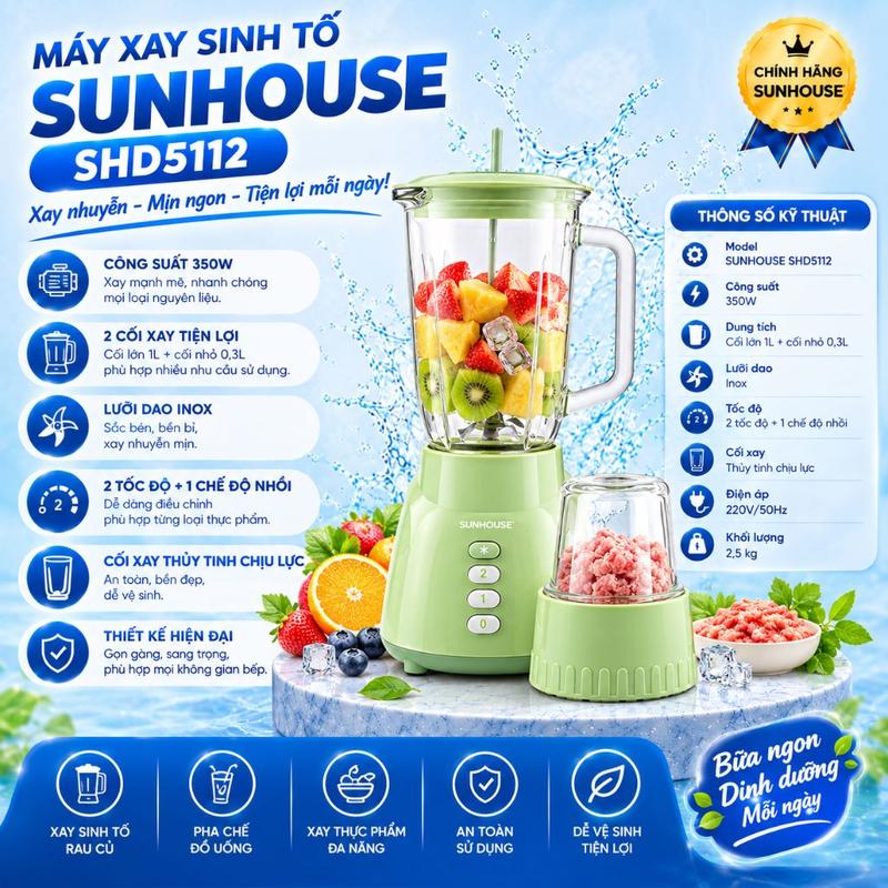 Máy Xay Sinh Tố SUNHOUSE SHD5112 350W – 2 Cối 1L & 0,3L, Lưỡi Dao Inox