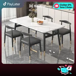 MossWood Set Meja Kursi Makan Minimalis Putih/Hitam PVC/Besi 120x60x75 cm 4 Orang Desain Elegan Tahan Gores