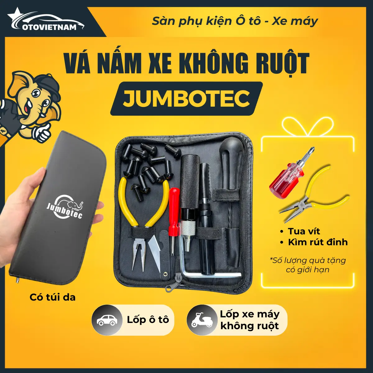 Vá Nấm Xe Không Ruột Jumbotec Vá lốp Ô tô, Mô tô, Xe máy (Không cần vá trong lại) - 10 món kèm Túi da