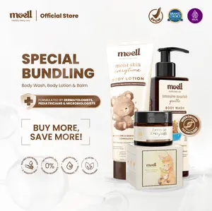 Moell Body Wash 185gr & Multipurpose Balm 30gr & Body Lotion 185gr - Body Wash Untuk Kulit Sensitif & Kering - Tanpa SLS/Paraben - Membersihkan Kulit Dengan Lembut - Skincare Anak dengan Microbiome Teknologi Formulasi Dokter  - Skincare Anak dan Bayi