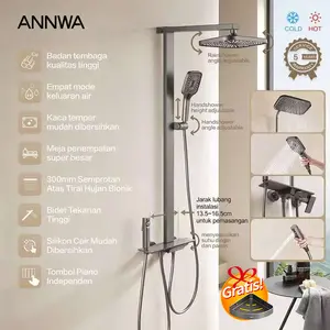 ANNWA Shower Tiang Set Column Keran Mandi Kran Air Panas Dingin Faucet Shower Mandi Full Set Brass Anti Karat Dengan Tombol Piano