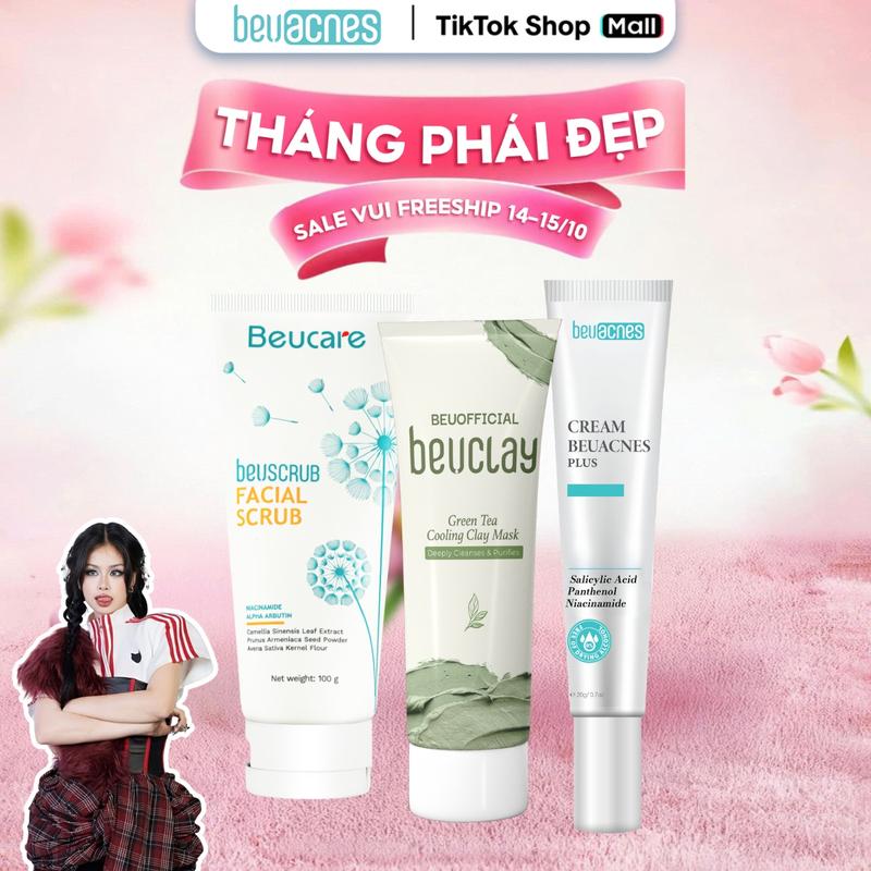 [1 TM + 1 TDC + 1 MN] - TDCQL8094 COMBO 1 BEUSCRUB Tẩy Tế Bào Chết Cho Da Mặt 100g + 1 BEUCLAY Mặt Nạ Đất Sét Trà Xanh 70g + 1 Kem Trị Mụn BEUACNES 15g Son Skincare bôi bùn