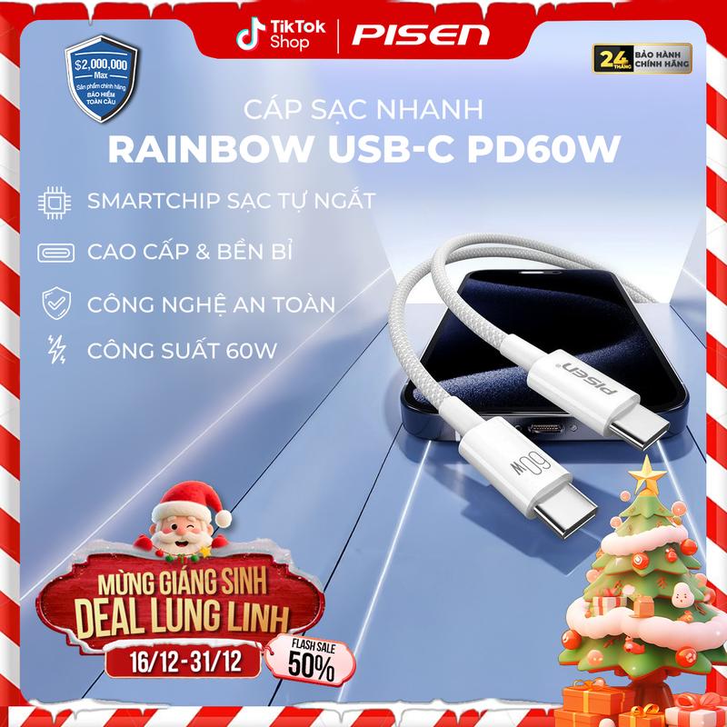   PISEN  Cáp Sạc Nhanh 60W | Dây Mềm Mại Chống Đứt Gãy Tương Thích Android Iphone 15-16 Series | PISEN PRO - Rainbow USB-C PD60W Anti-Break | LT-CC07-1000 | Bảo Hành 18 Tháng 1 Đổi 1 | Bảo Hiểm 2 Triệu Đô Toàn Cầu 