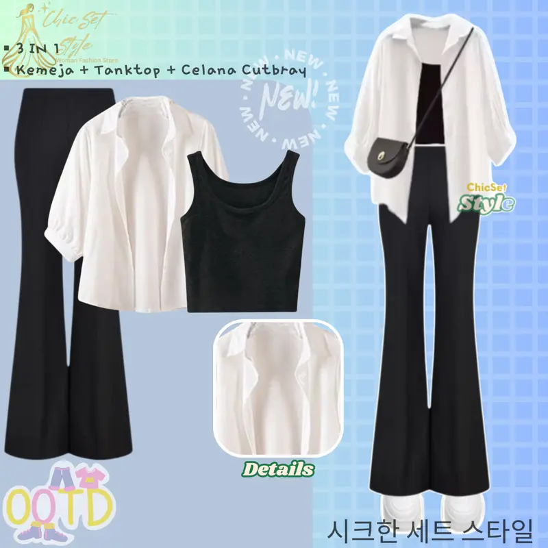 Outfit Wanita Kekinian 3in1 One Set Korean Style (Blouse Kemeja Tangtop Celana Cutbray) CS037 Setelan Cewek Baju Kondangan Atasan Katun Kerja Bawahan Gombrong Panjang Hitam Casual Remaja Dewasa 0