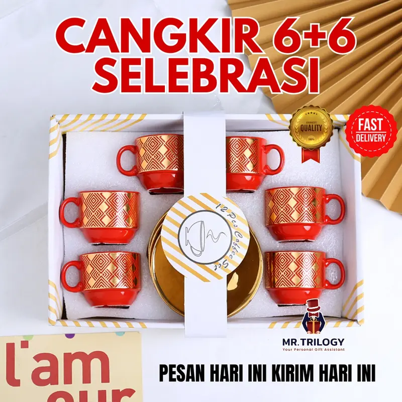Cangkir Tatakan Set Keramik SELEBRASI Hampers Gelas Souvenir Mug Teh Kopi Imlek CNY Natal Christmas Xmas 0