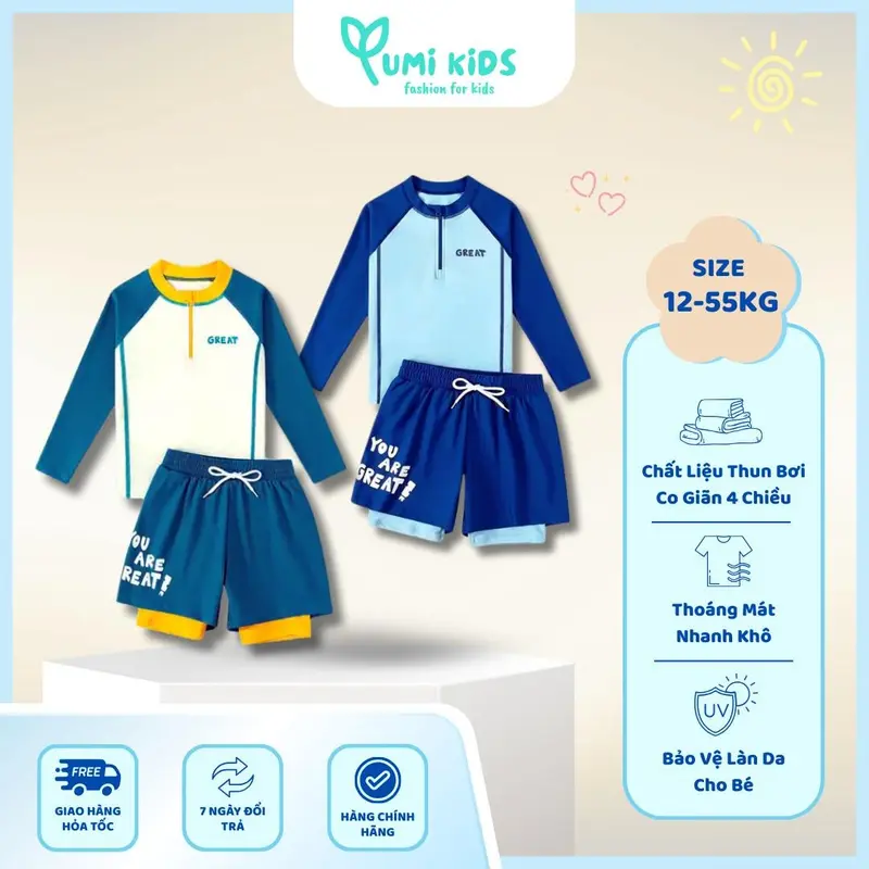 YumiKids BK19 Đồ Bơi 2 Mảnh Thể Thao Cho Bé Trai 12-55kg Chất Liệu Thun Bơi Co Giãn 4 Chiều Bảo Vệ UV An Toàn Cho Bé 0