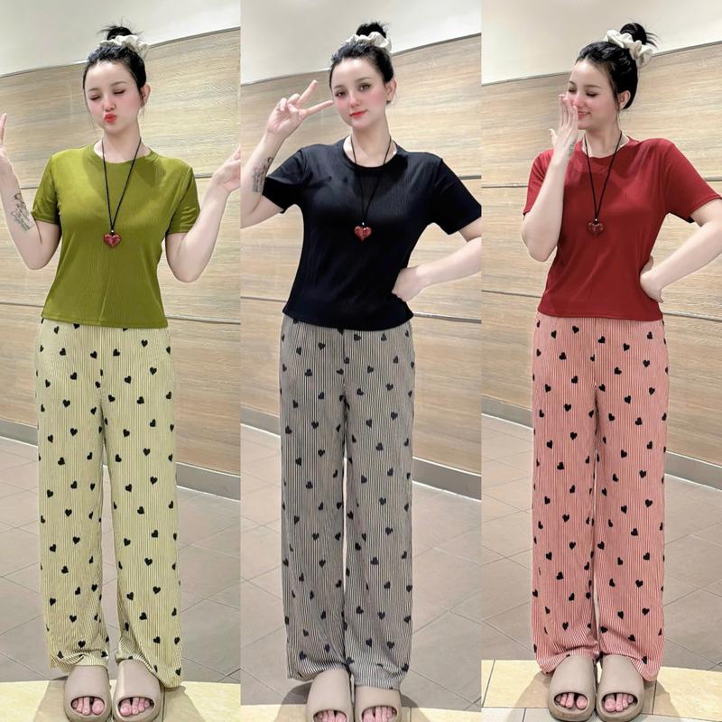  Bộ đồ dài quần ống suông áo cổ tròn tay ngắn mặc nhà. Đa dạng màu sắc dễ thương phù hợp mọi độ tuổi 