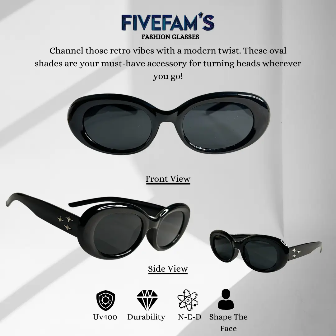 FIVEFAM'S - Kacamata Hitam Oval Retro Black Frame Sunglasses Lensa UV400  - Eyewear Oval Vintage Unisex