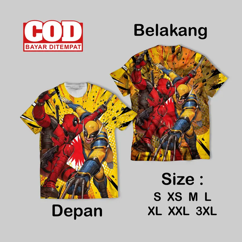 Kaos Fullprin Wolverine Deadpool Wallpaper | Kaos AOP Wolverine Deadpool film Depan belakang 2