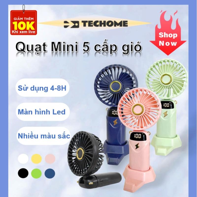  TECHOME Quạt Mini 5 Cấp Gió 3000mAh Pin Siêu Khủng 3 trong 1  Quạt TẾT Cầm Tay Kê Điện Thoại Đeo Cổ Màn Hình LED Tiết Kiệm Pin 4-8H Sử Dụng Tiện Lợi 