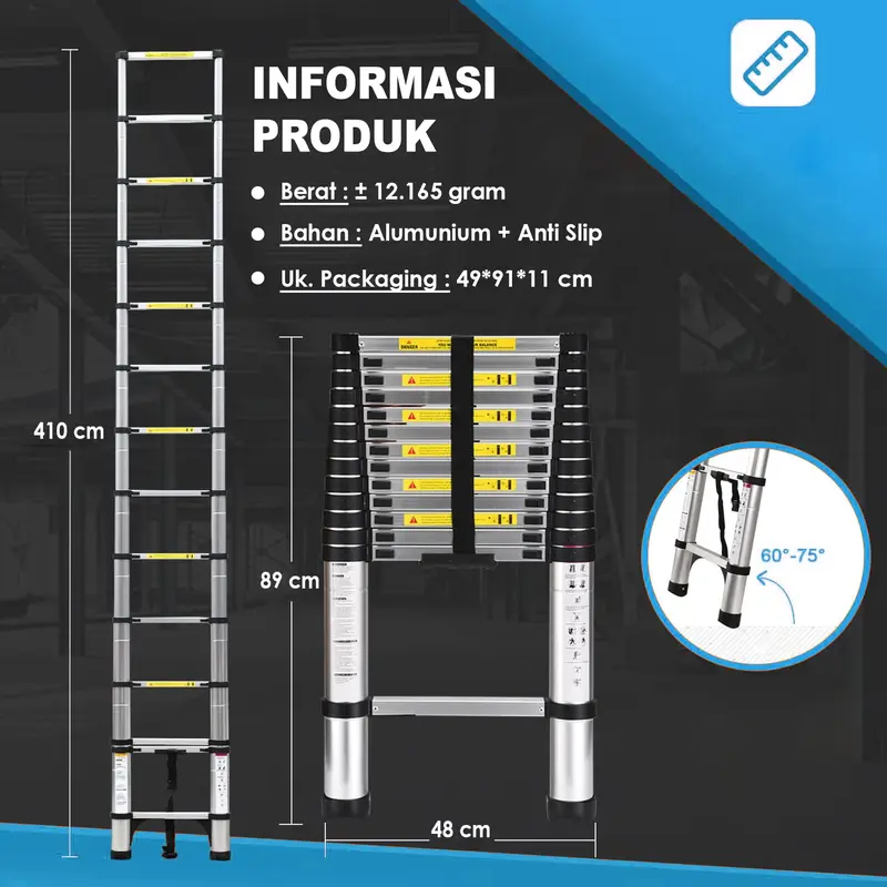 Tangga Lipat Teleskopik Bahan Aluminium Tinggi 410 cm / Anti Slip Kokoh & Tahan Lama / T3D1 7