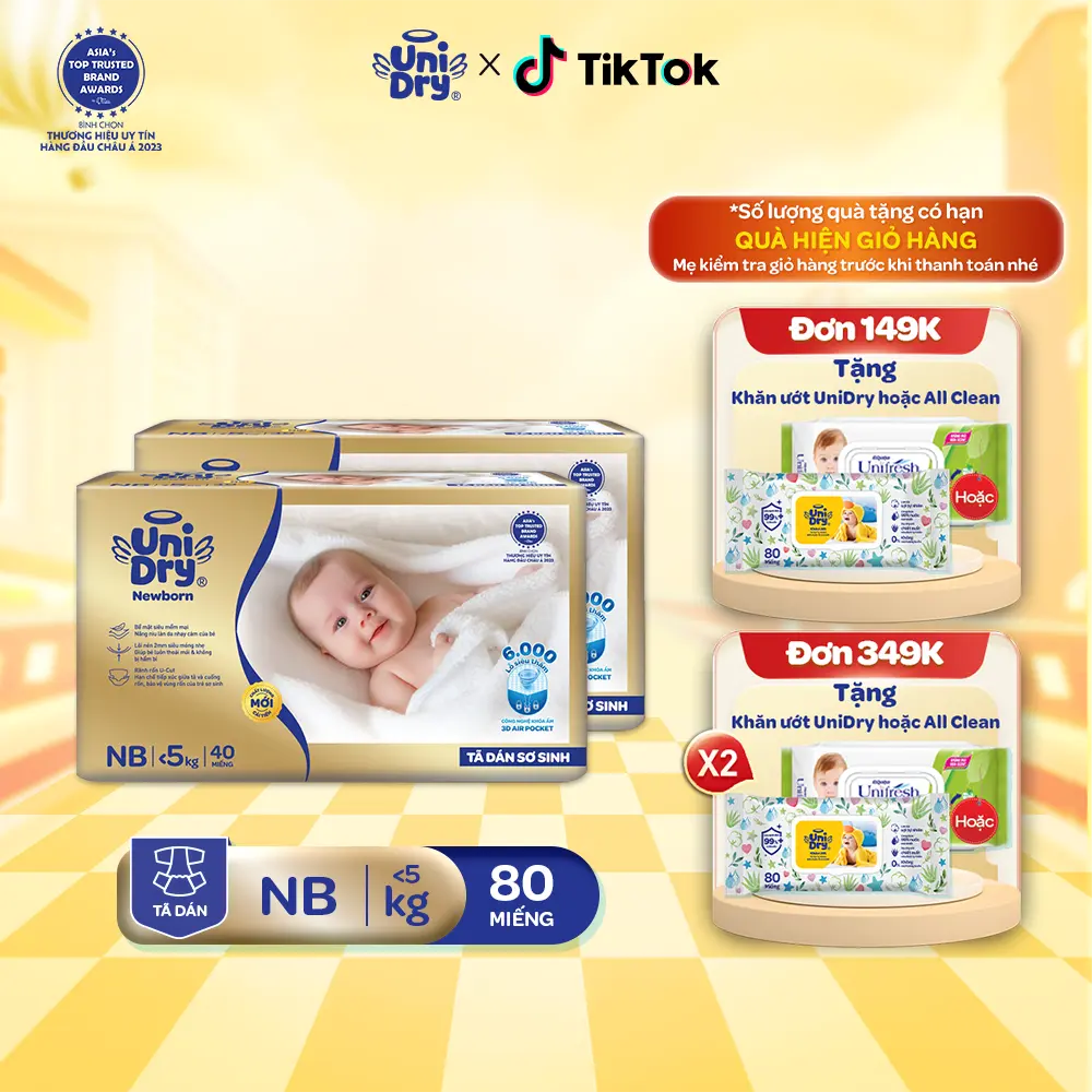 Combo 2 tã dán sơ sinh UniDry Supreme siêu mỏng chỉ 2mm - NB40 Cho Bé