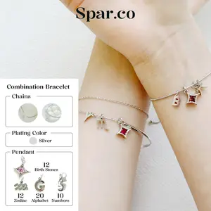 Spar.co Gelang Serut dan Gelang Double Layer Silver Rhodium Berlapis Platinum Custom Dengan DIY 3 Charm Huruf inisial / Zodiak/ Angka/ Stone Flexible Chain - Silver Bracelets Custom Dengan 3 Liontin SP-BB3-013 (A)