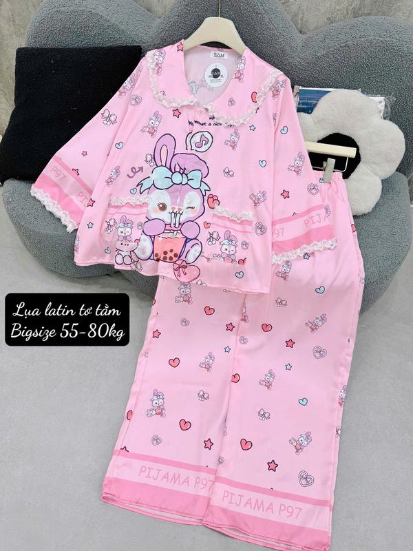 Size 60-75kg- Bigsize Đồ Bộ Pijama Mặc Nhà Lụa Latin Tơ Tằm Cao Cấp Tiểu Thư TDQD Tiểu Thư In Full Họa Tiết 5D Queen Mềm Mát Mặc Nhà Cao Cấp Women Nữ Voi