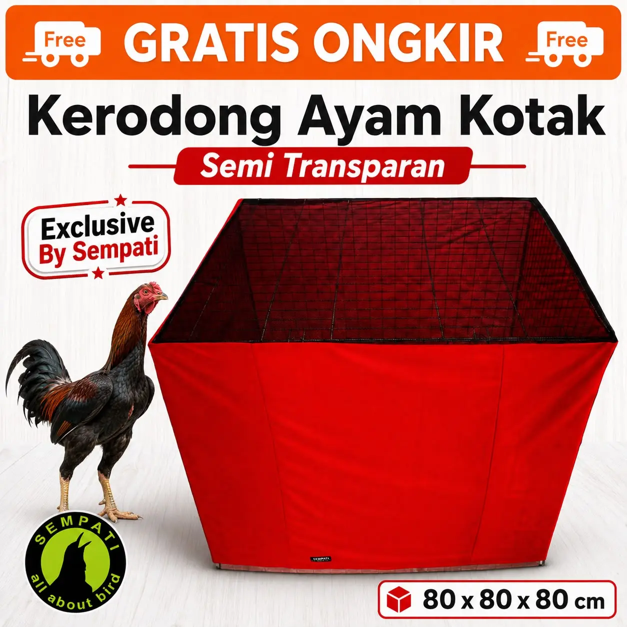 SEMPATI Krodong Kerodong Ayam Kandang Kotak Merek Sempati Semi Transparan Ekonomis Ukuran 80x80x80 Kelambu Kurungan Ayam Jago Laga Aduan Petarung Hyget Selimut Penutup Kandang