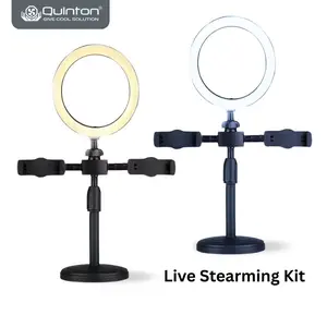 Quinton Phone Holder Live streaming 2 in 1 - Ring Light 6 Inch + Holder 2 HP | USB 1.5m | 360° Rotation | 3 Mode Warna Plastik dengan lampu led usb