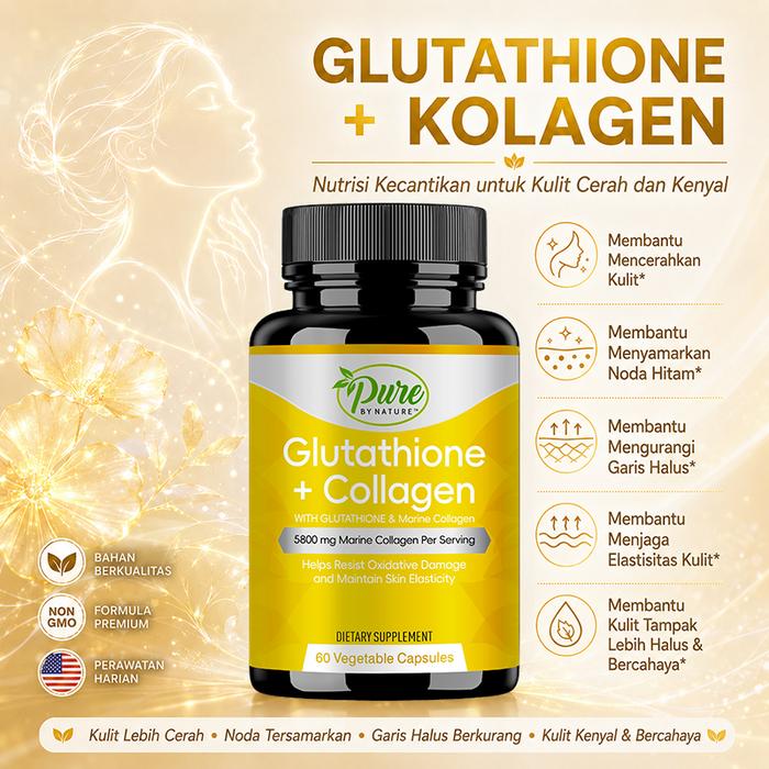 Gambar Glutathione + Kolagen menghambat produksi melanin, memudarkan flek, memperbaiki anti penuaan, mengurangi risiko rambut rontok, dan mendorong perbaikan jaringan dari Pure By Nature Wellness Kab. Tangerang Tokopedia
