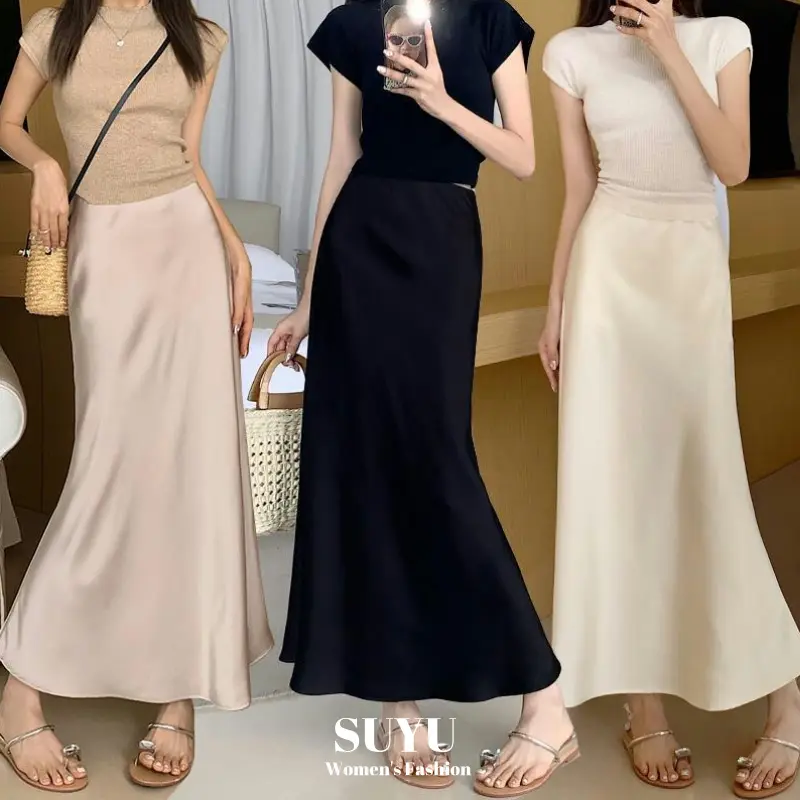 SUYU Women's Midi Skirt Mid-Waist Vintage Silk Wrapped Hip Fishtail Skirt Long Skirt
