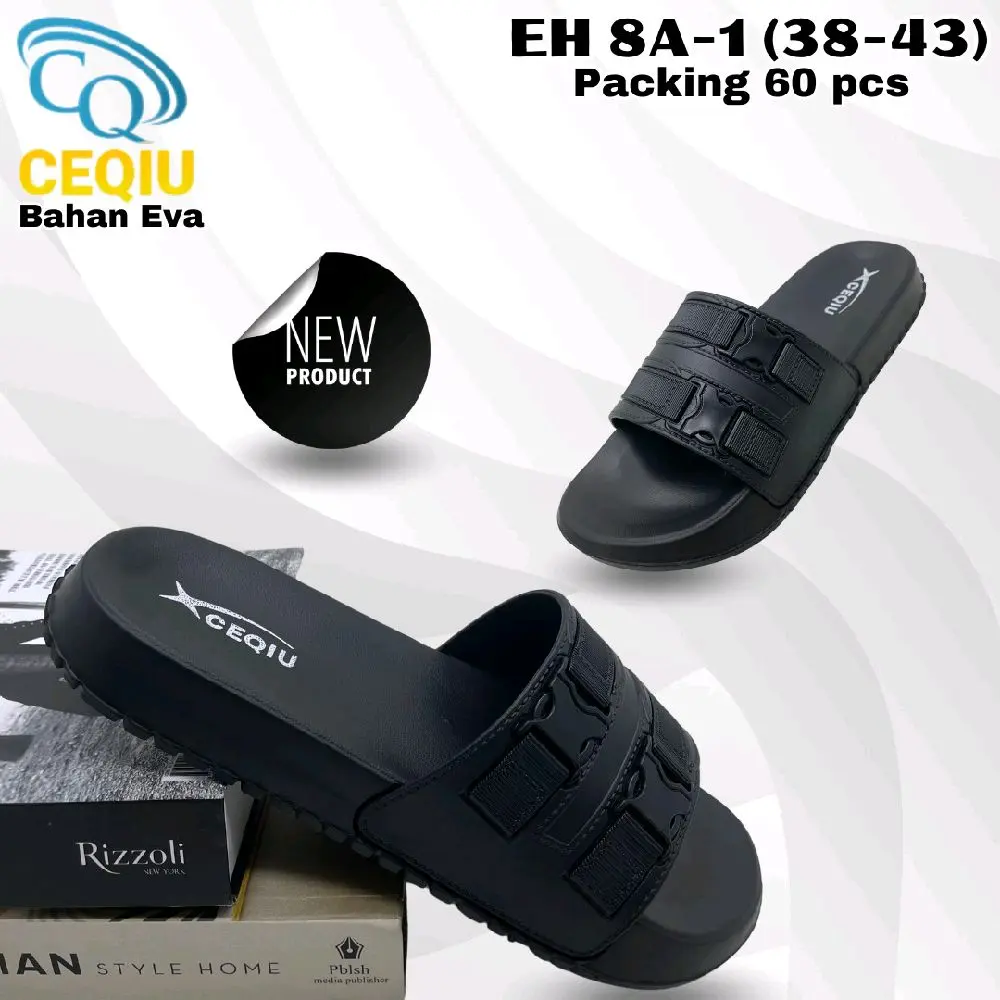 Ceqiu sandal slop hitam polos gesper pria dewasa