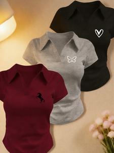 Camisetas tipo polo mujer, 3 piezas, TikTok 2026, estampado de caballos, mariposas y corazones; cuello en V, manga corta, ajuste entallado; blusas versátiles para oficina, calle y uso diario.
