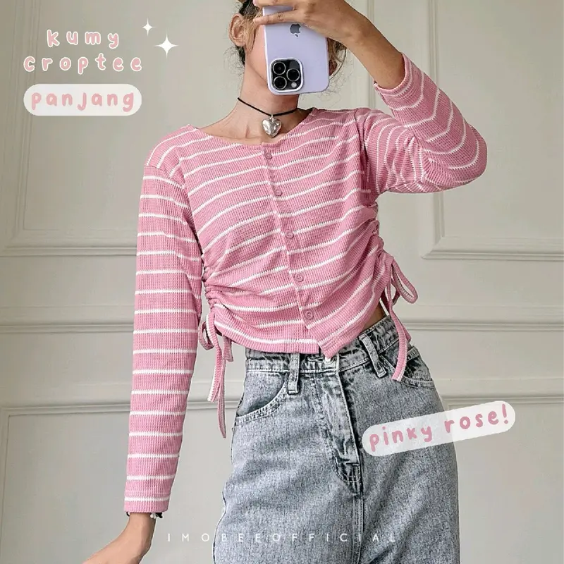 kumy crop stripe lengan panjang / atasan waffle garis crop / blouse serut korea 2