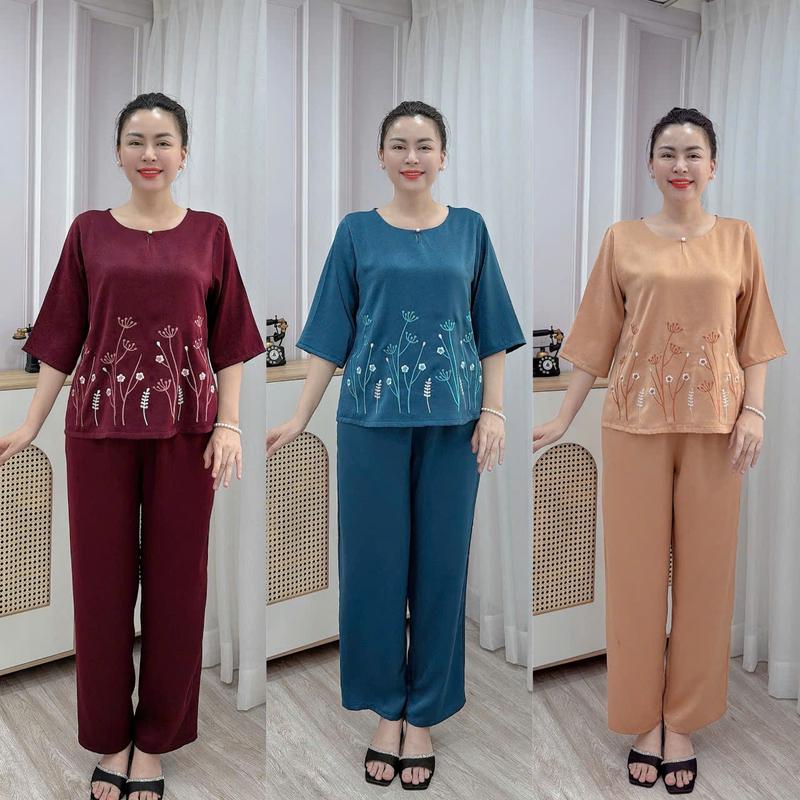 Set Trung Niên Thiết Kế Cao Cấp Cho Mẹ Lụa Ruby Thêu Đính Ngọc, Mềm Mại, Có Size, Bigsize, Nữ Nhung, Women, Thun, Áo, Đồ Bộ Trung Niên Chất Lụa Mềm Mại, đồ bộ trung niên cho mẹ u40 sang chảnh, đồ bộ người già, đồ bộ nữ cho mẹ, set đồ trung niên u60, u50