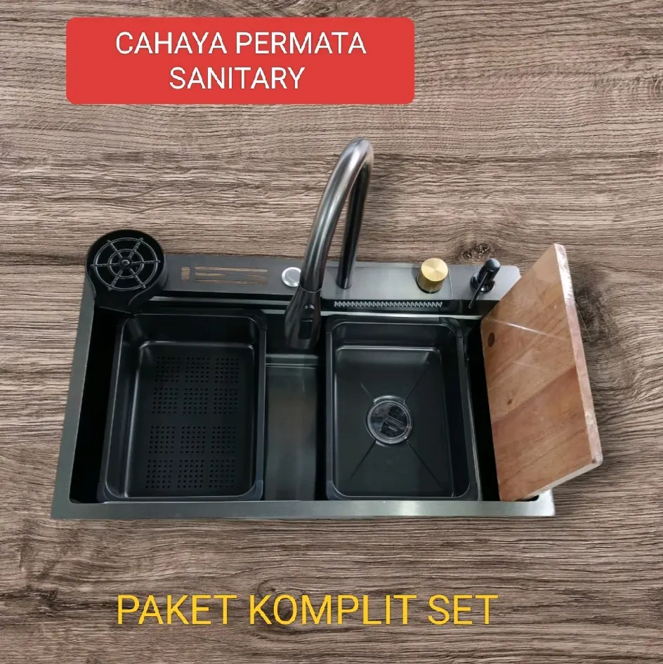 KITCHEN SINK LUXURY MODERAN BLACK 7545 BAK CUCI PIRING HITAM KOMPLIT SET Kran