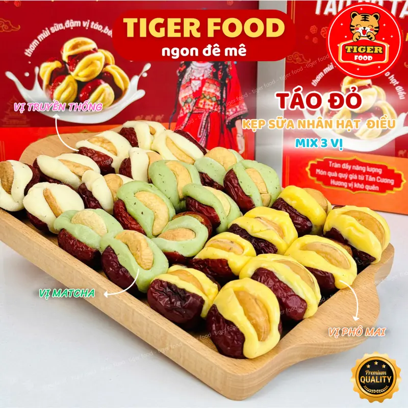 [MUA 1 ĐƯỢC 3] Táo Đỏ Tân Cương Kẹp Sữa Nhân Hạt Điều 1KG TIGER FOOD Táo đỏ kẹp sữa nhân hạt điều Táo đỏ Buger- Đồ ăn vặt - bánh kẹo tết 2025 - snack thức ăn Nuts 3