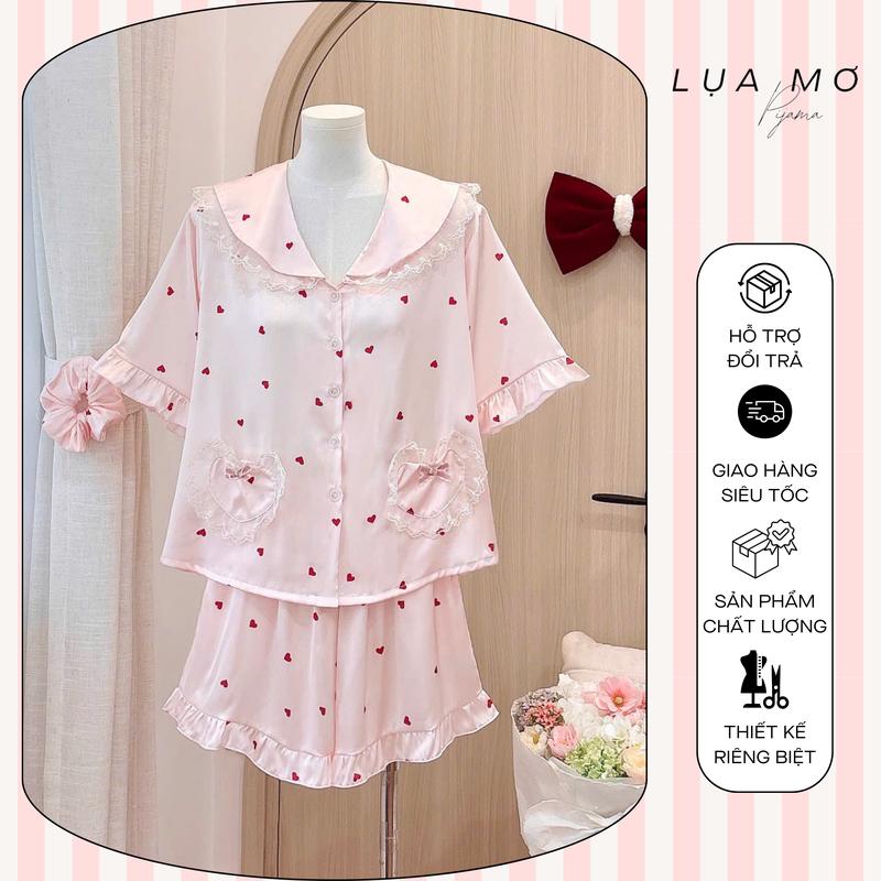  Pijama Cọc Đùi Tiểu Thư Hai Túi Tim Vải Lụa Latin Cao Cập   Tặng kèm cột tóc   - Đồ bộ Lụa Mơ LM186 
