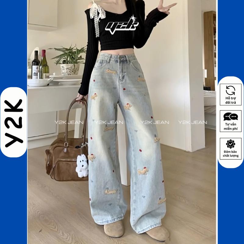 (NEW 2025 SUÔNG NẤM LÙN) Quần Jean Suông nữ cạp cao cho nấm lùn màu wash bụi thêu Cún hoạ tiết Hoạt hình Xinh 1m40 1m50 size xxs xs hotrend Xuân Hè 2025